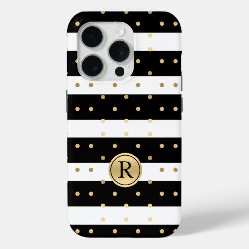 Chic Gold_Polka Dots With Black  White Stripes iPhone 15 Pro Case