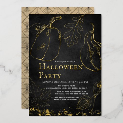 Chic Gold Pumpkin Black Halloween Party Foil Invitation