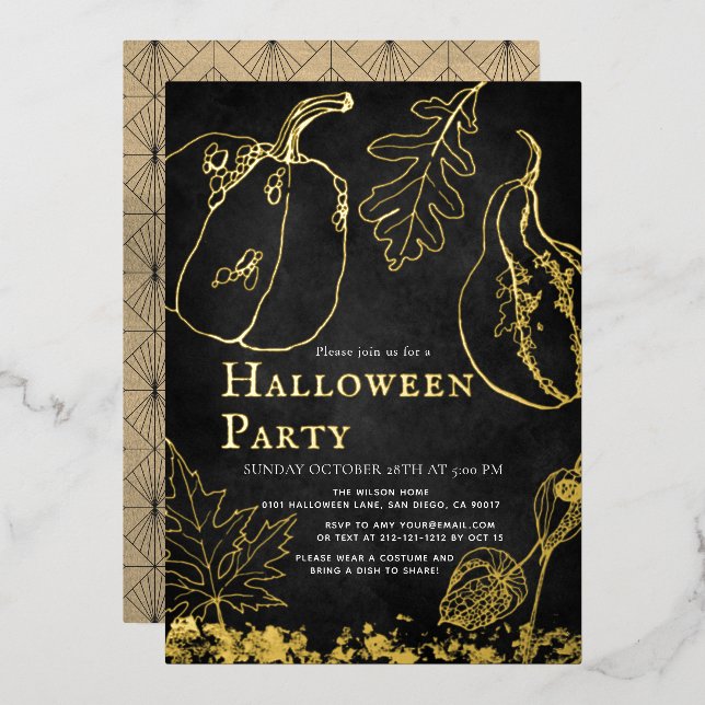 Chic Gold Pumpkin Black Halloween Party Foil Invitation (Front/Back)
