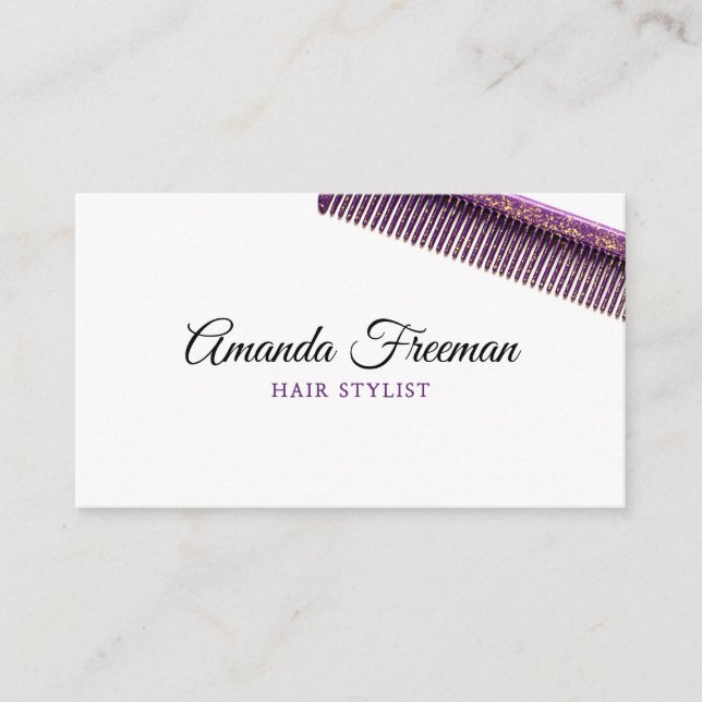 Chic Gold & Purple Comb Hair Stylist Business Card (Front)