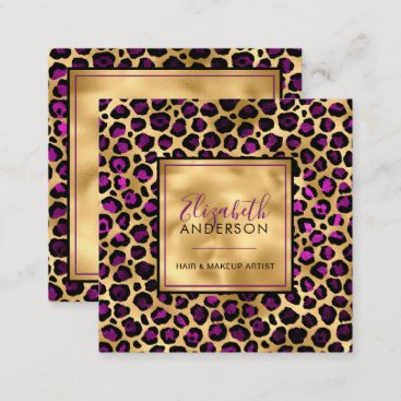 Chic Gold Purple Leopard Print Fashion Modern Square Business Card