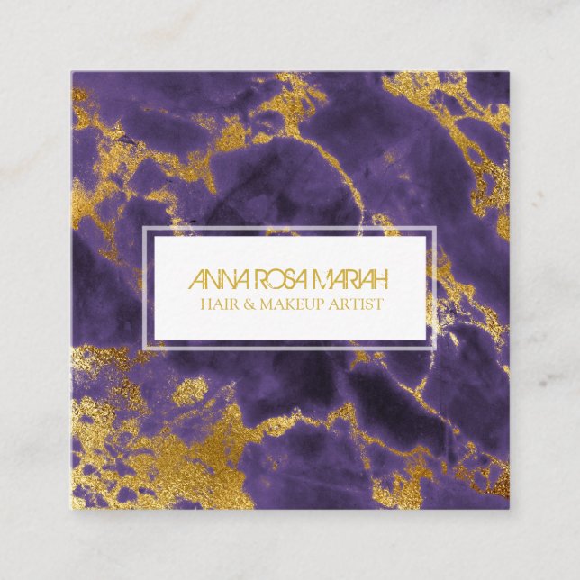 *~* Chic Gold Purple Marble Girly Hair Makeup Square Business Card (Front)