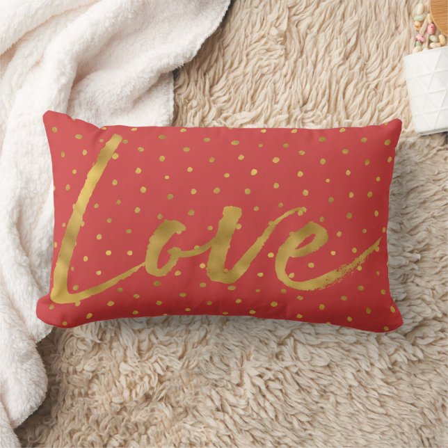 Chic Gold Red Dots Love Lumbar Pillow (Blanket)