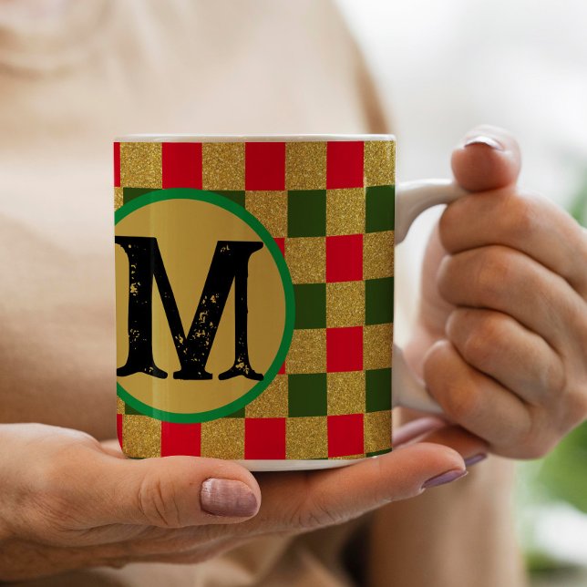 Chic Gold red & green Checkerboard Custom Monogram Coffee Mug (Creator Uploaded)