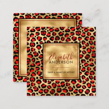 Chic Gold Red Leopard Print Fashion Modern Square Business Card