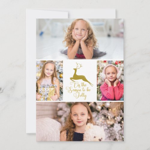 Chic Gold Reindeer Tis the Season Photo Collage Holiday Card