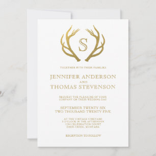 CHIC GOLD RUSTIC DEER WEDDING MONOGRAM INVITATION