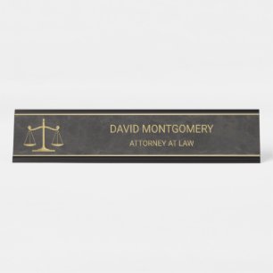 Chic Gold Scales of Justice Black Leather Lawyer Desk Name Plate