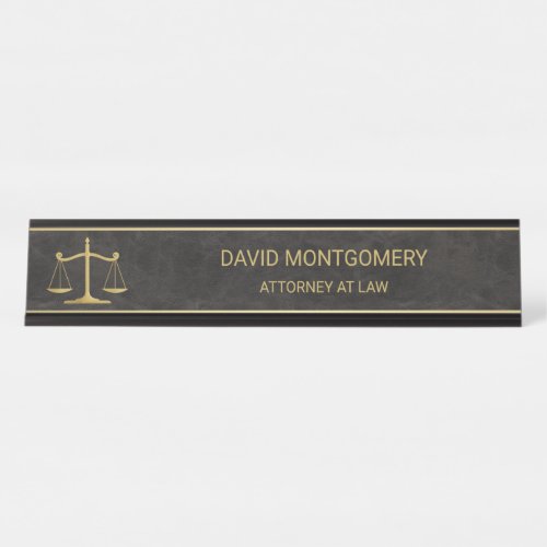 Chic Gold Scales of Justice Black Leather Lawyer Desk Name Plate