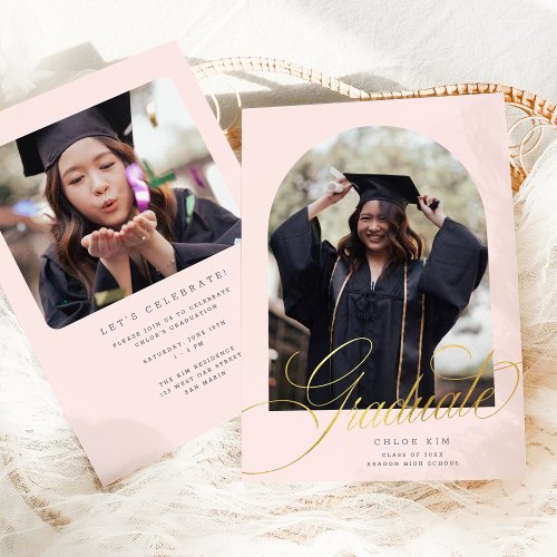 Chic Gold Script Arch Blush Pink Graduation Photo Announcement