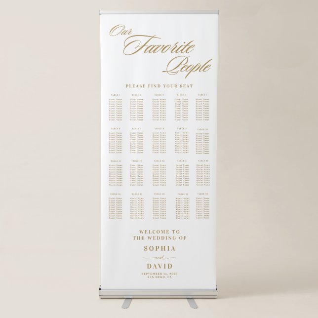 Chic Gold Script Calligraphy Wedding Seating Chart Retractable Banner (Front)