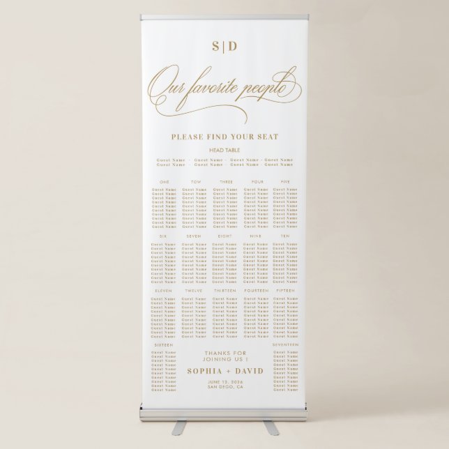Chic Gold Script Calligraphy Wedding Seating Chart Retractable Banner (Front)