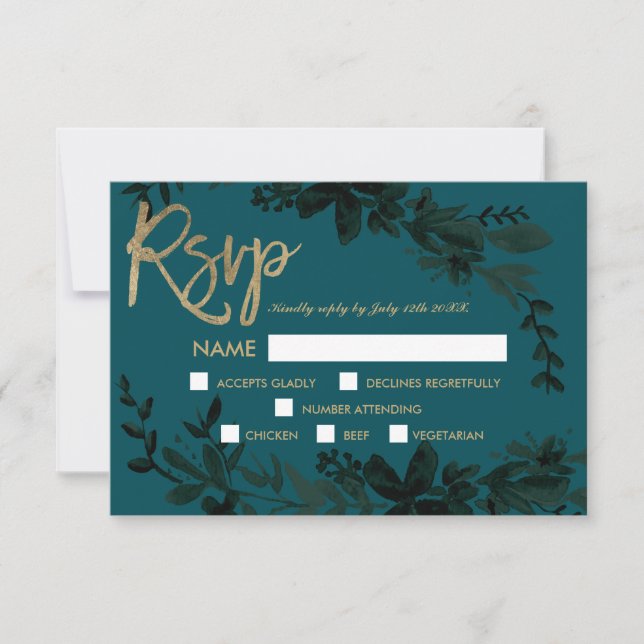 Chic gold script Floral dark green rsvp wedding Card (Front)