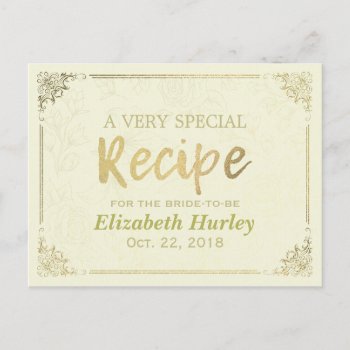 Chic Gold Script Floral Frame Bridal Shower Recipe Invitation Postcard by ReadyCardCard at Zazzle