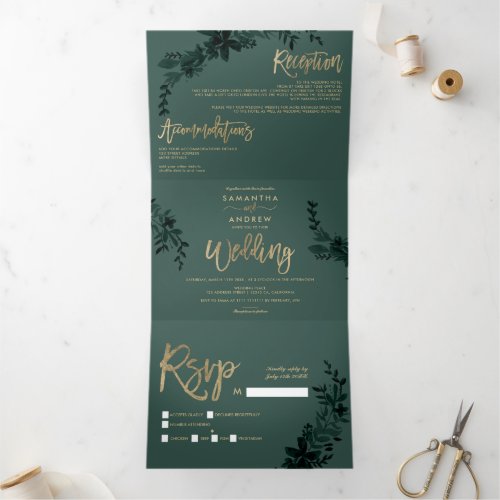 Chic gold script Floral green elegant wedding Tri_Fold Invitation
