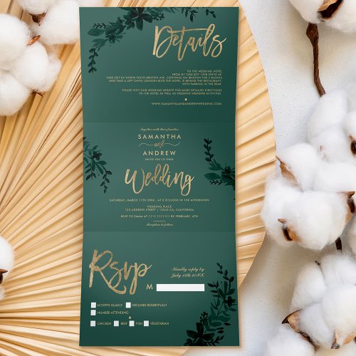 Chic gold script Floral green elegant wedding Tri_Fold Invitation