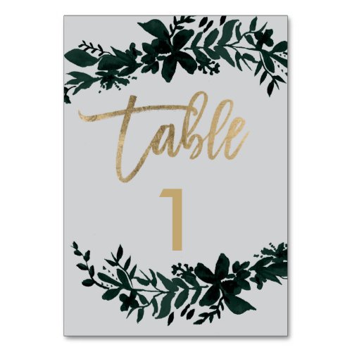 Chic gold script Floral grey wedding table number