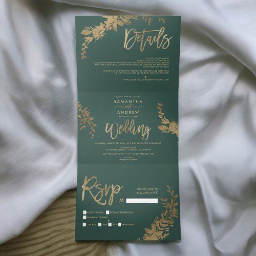 Chic gold script Floral leaf elegant wedding Tri_Fold Invitation