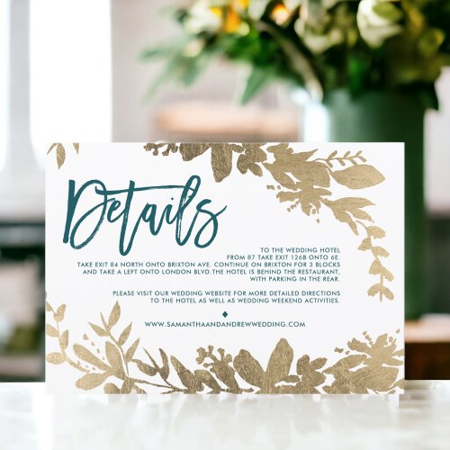 Chic gold script Floral teal wedding direction Enclosure Card