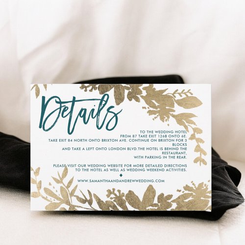 Chic gold script Floral teal wedding direction Invitation