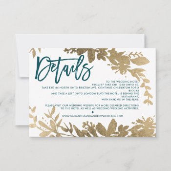 Chic Gold Script Floral Teal Wedding Direction Invitation by girly_trend at Zazzle