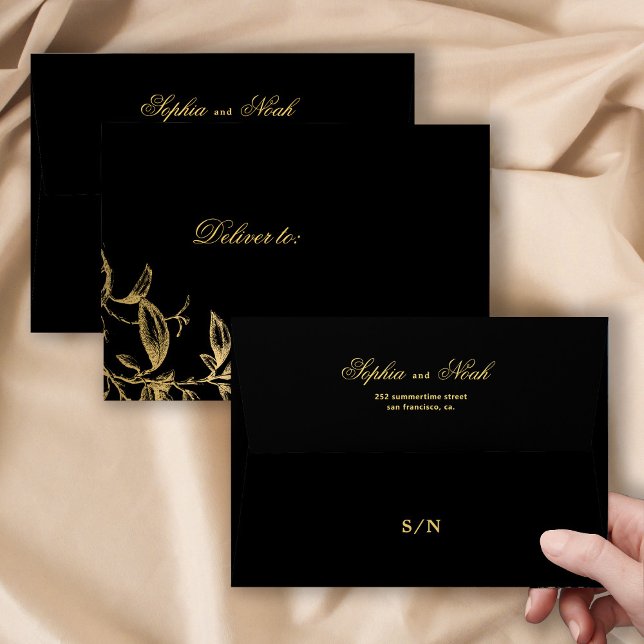 Chic gold script monogram floral black wedding envelope (Creator Uploaded)