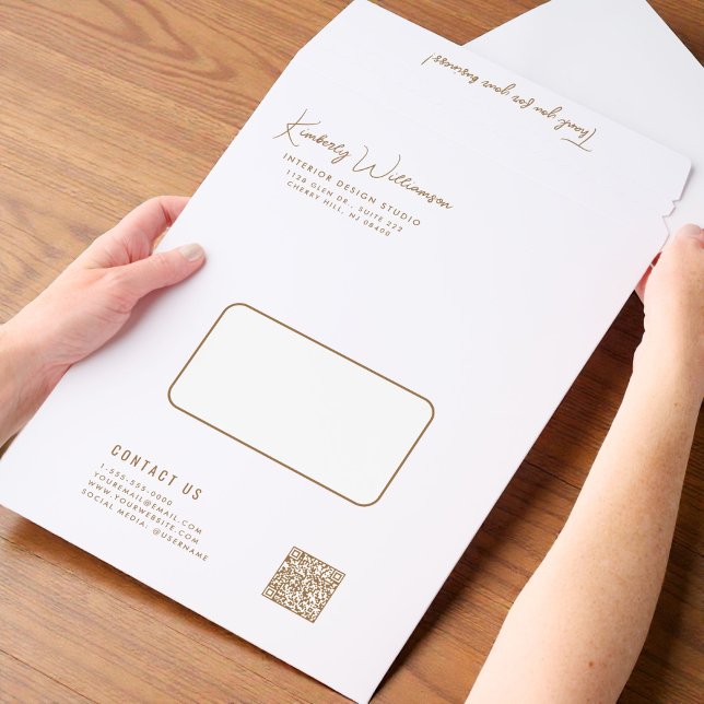 Chic Gold Script Monogram QR Code White Business Envelope Mailers (Chic Gold Script Monogram QR Code White Business Envelope Mailers)