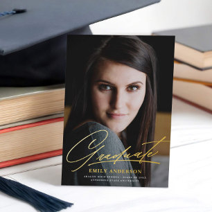 Chic Gold Script Photo Graduation Announcement