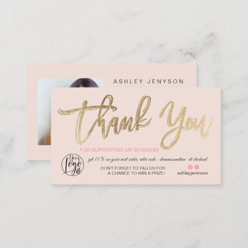 Chic gold script photo logo pink order thank you business card