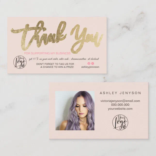 Chic gold script photo logo pink order thank you business card | Zazzle