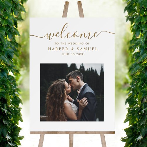 Chic Gold Script Photo Wedding Welcome Sign