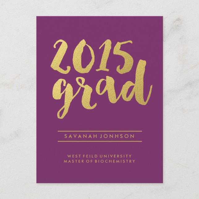 Chic Gold Script | Purple Graduate Photo Postcard (Front)