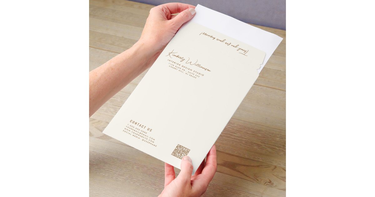 Chic Gold Script QR Code Cream Business Envelope Mailers | Zazzle
