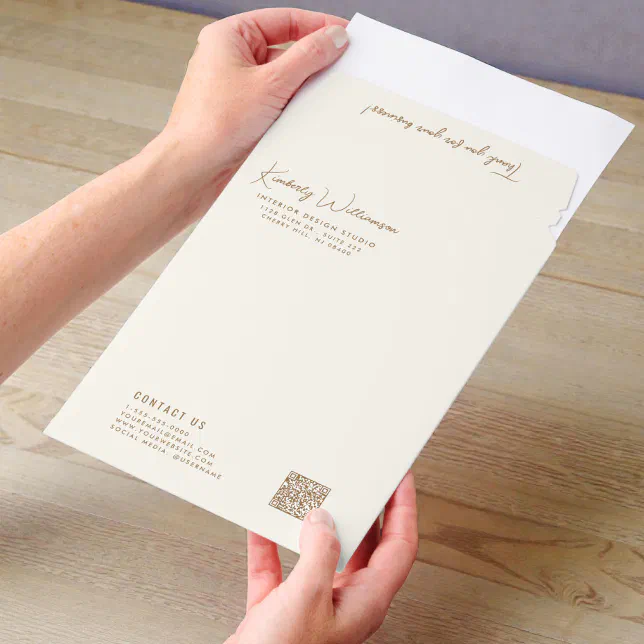 Chic Gold Script QR Code Cream Business Envelope Mailers | Zazzle