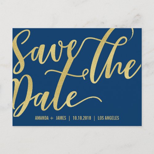 CHIC GOLD SCRIPT SAVE THE DATE ANNOUNCEMENT BLUE