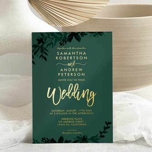 Chic gold script typography Floral green wedding Foil Invitation