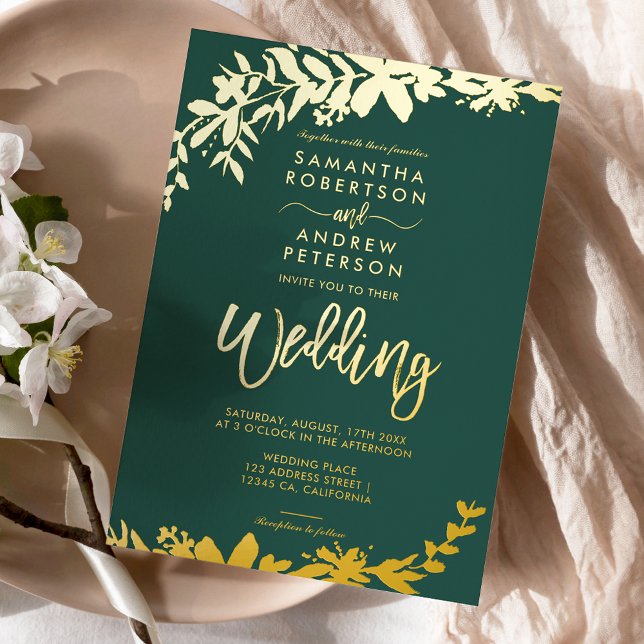 Chic gold script typography Floral green wedding Foil Invitation (Creator Uploaded)