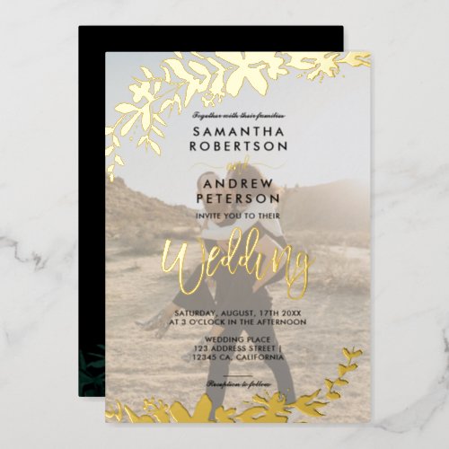Chic  gold script typography Floral photo wedding Foil Invitation