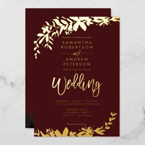 Chic gold script typography Floral red wedding Foil Invitation