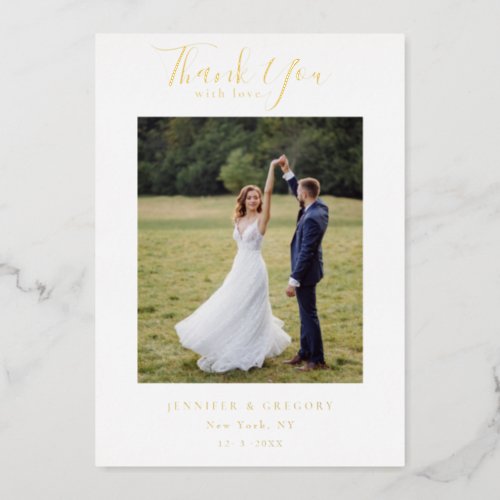 Chic Gold Script Wedding Photo Thank You Foil Holiday Card