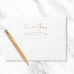 Chic Gold Script White Wedding Return Address Envelope<br><div class="desc">Modern white envelope for your wedding invitations,  save the dates,  thank you cards and newlywed correspondence featuring your first names in a chic minimalist gold script and your address in classic and elegant gold serif typography on the back flap.</div>