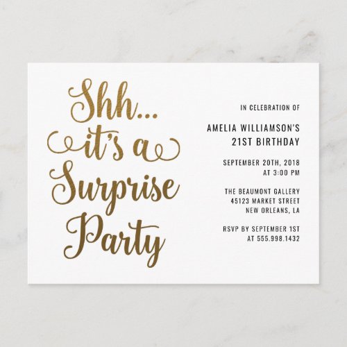 Chic Gold Shh Its a Surprise Party Typography Invitation Postcard