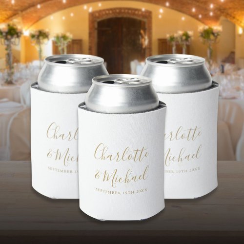 Chic Gold Signature Script Wedding Can Cooler