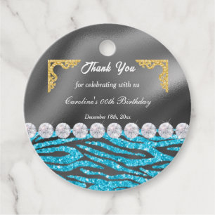 Chic Gold Silver Foil & Light Blue Zebra Print Favor Tags