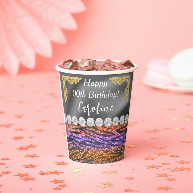 Chic Gold Silver Foil Orange Zebra Print Birthday Paper Cups (Insitu)
