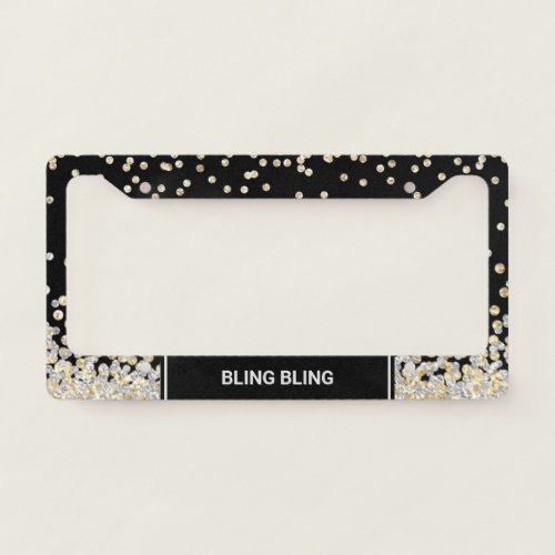 Chic Gold Silver Glitter Confetti Monogram Black License Plate Frame