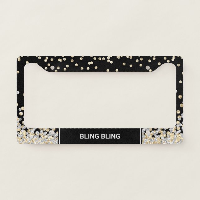 Chic Gold Silver Glitter Confetti Monogram Black License Plate Frame (Front)
