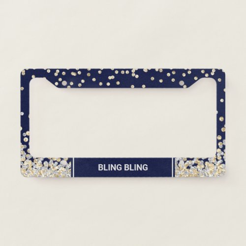 Chic Gold Silver Glitter Confetti Monogram Navy License Plate Frame