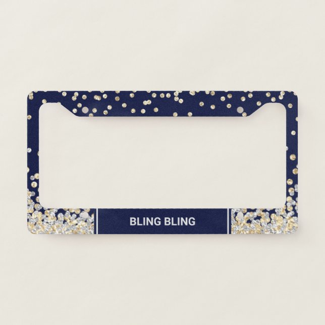 Chic Gold Silver Glitter Confetti Monogram Navy License Plate Frame (Front)