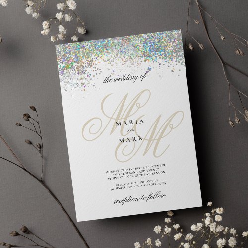 Chic Gold silver glitter monogram initial wedding  Invitation